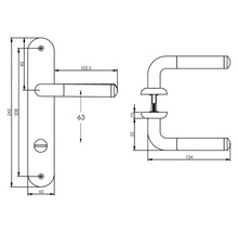 Technische tekening van een deurklink met afmetingen