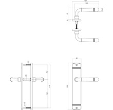 Technische tekening van een deurklink met afmetingen.