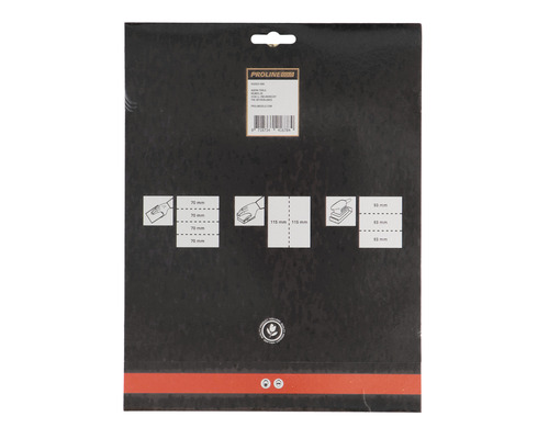 Achterkant van de verpakking voor schuurpapier van Proline met maataanduidingen
