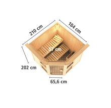 Hoeksauna van hout met de afmetingen 210 cm, 184 cm, 202 cm en 65,6 cm