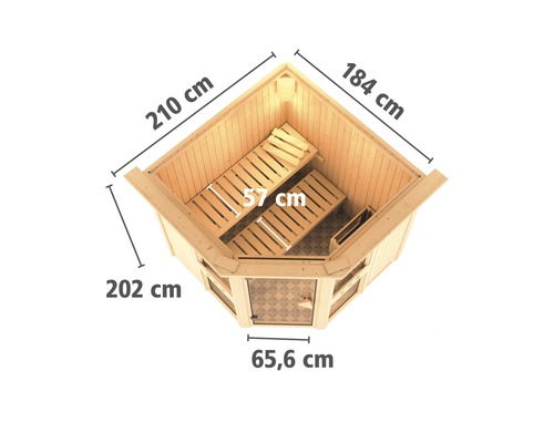 Hoeksauna van hout met de afmetingen 210 cm, 184 cm, 202 cm en 65,6 cm