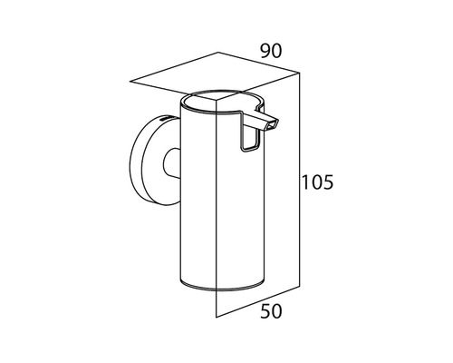 Technische tekening van een zeepdispenser met afmetingen