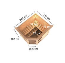 Bovenaanzicht van een sauna met lengte- en breedtematen