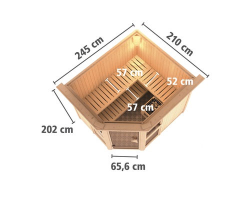 Bovenaanzicht van een sauna met lengte- en breedtematen