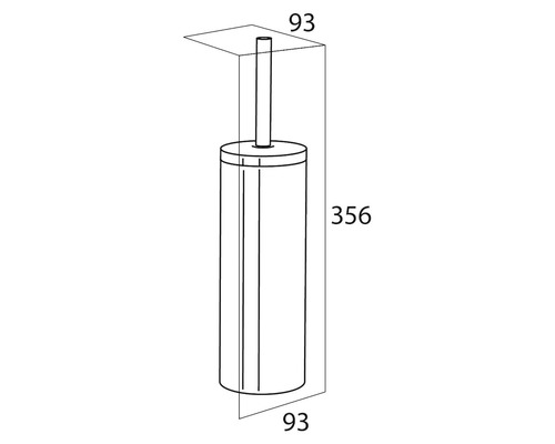 Technische tekening van een toiletborstel met de afmetingen 93 bij 93 bij 356 millimeter.