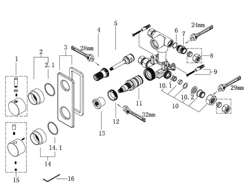Explosietekening van een fitting met onderdelen en gereedschap