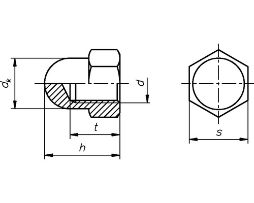 Technische tekening van een dopmoer met maatvoering