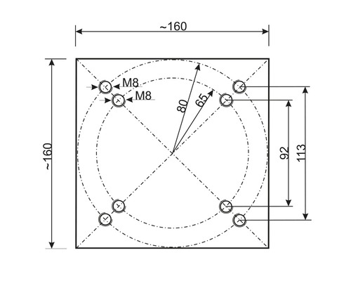 Technische tekening met maatvoering van een vierkant object met M8 boringen