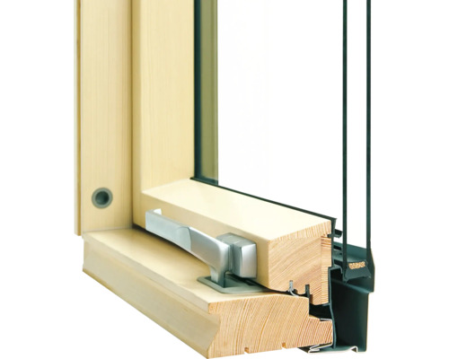 Detailaanzicht van een houten raam met raamgreep