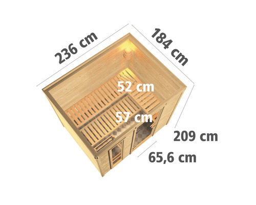 Illustratie van een sauna met de afmetingen 236 cm x 184 cm x 209 cm