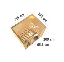 Bovenaanzicht van de afmetingen van de sauna 236 bij 184 bij 209 cm