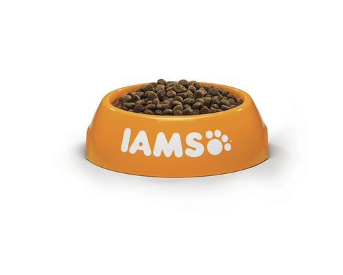 Hondenvoerbak gevuld met droogvoer, IAMS Logo