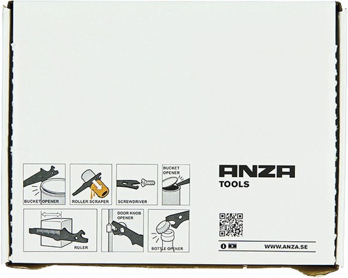 Anza Tools verpakking met toepassingsvoorbeelden voor emmeropener, rollenschraper, schroevendraaier, deurknopopener, liniaal en flesopener