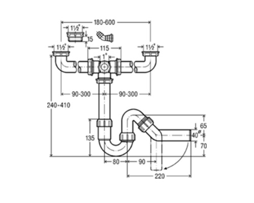 Technische tekening van een sifon met maatvoering