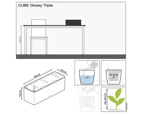 Technische tekening van de Cube Glossy Triple plantenbak met afmetingen en vulinstructies.