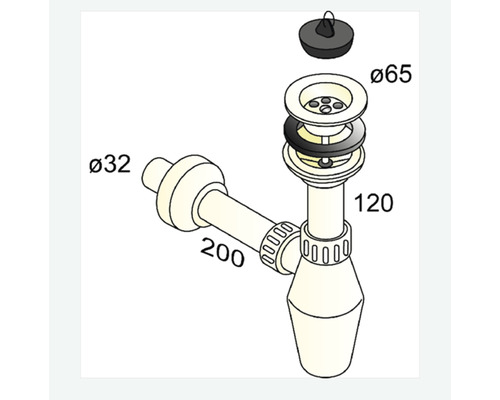 Doorsnede van een sifon met maatvoering