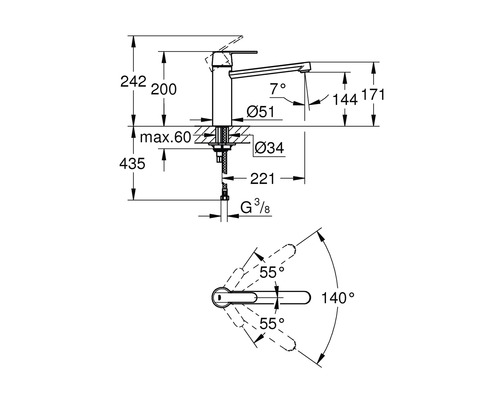 Technische tekening van een kraan met maataanduidingen