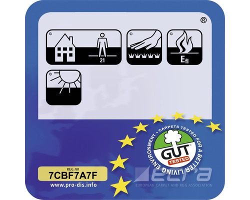 Symbool voor gebruik binnenshuis, gebruiksklasse 21, geschikt voor vloerverwarming, brandgedrag Efl en GUT-keurmerk