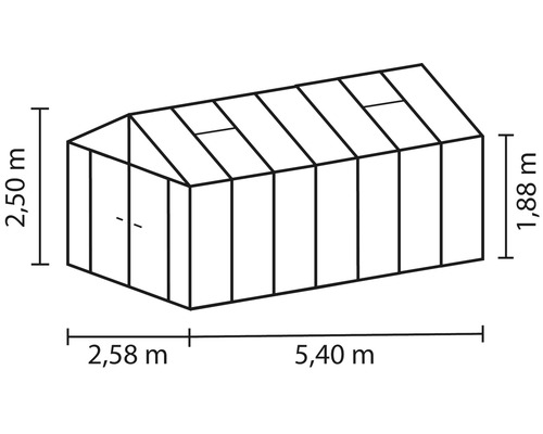 Afbeelding van een kas met de afmetingen 2,50 m hoog, 2,58 m breed en 5,40 m lang.