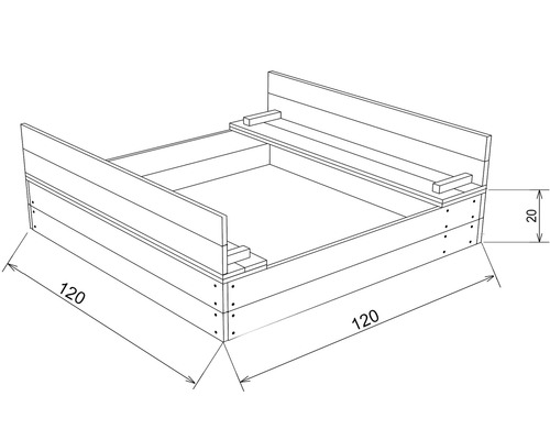Illustratie van een verhoogde tuinbak met afmetingen van 120 x 120 x 20 cm