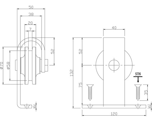 Technische tekening van een deurrolbeslag met afmetingen
