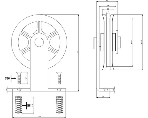 Technische tekening van een schuifdeurrail met afmetingen