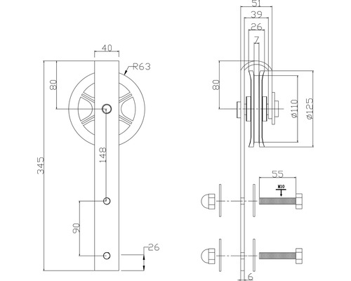 Technische tekening van een schuifdeur beslag met afmetingen
