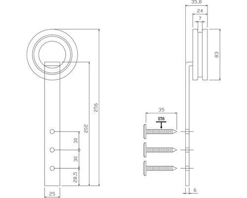 Technische tekening van een deurklopper met afmetingen en bevestigingsschroeven.