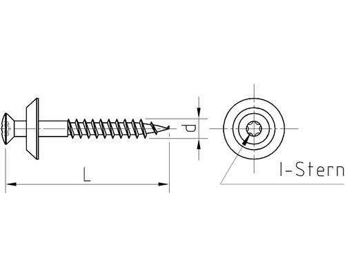 Tekening van een schroef met I-ster aandrijving en afmetingen