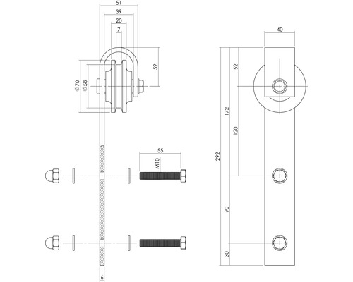 Technische tekening van een deurfitting met afmetingen.