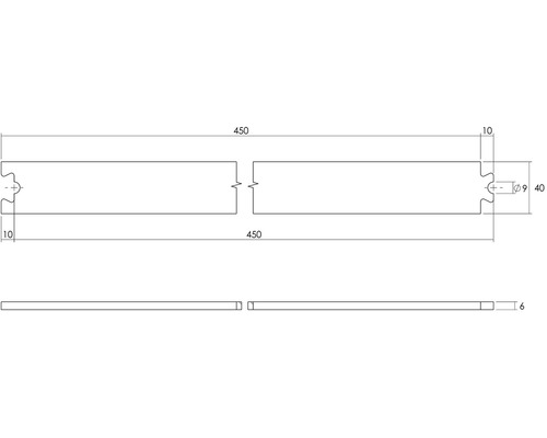 Technische tekening van een verbindingselement met de afmetingen 450 x 40 x 6 millimeter
