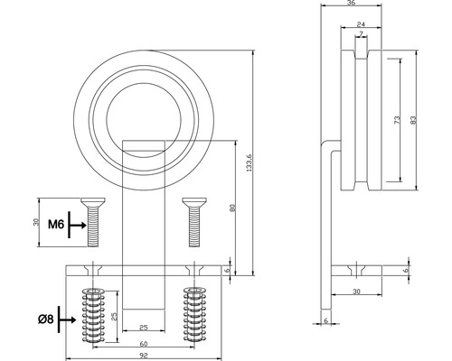 Technische tekening van een ringgreep met afmetingen M6 en 8 millimeter diameter