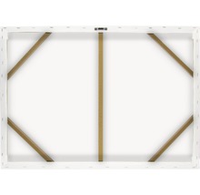 Achterkant van een canvas met houten frame en ophangsysteem