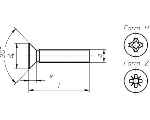 Technische tekening van een verzonken schroef met vorm H en vorm Z
