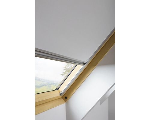 Houten dakraam met uitzicht op het landschap