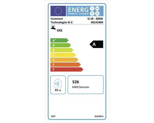 Energielabel voor Inventum Q 10-400W met energie-efficiëntieklasse A, een jaarlijks energieverbruik van 526 kilowattuur en een geluidsniveau van 15 decibel.