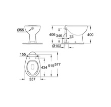 Technische tekening van een toilet met afmetingen