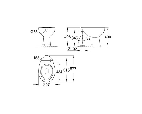 Technische tekening van een toilet met afmetingen