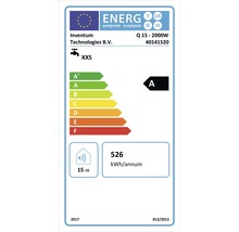 Energielabel voor een Inventum product met energie-efficiëntieklasse A, een jaarlijks energieverbruik van 526 kilowattuur en een geluidsniveau van 15 decibel.