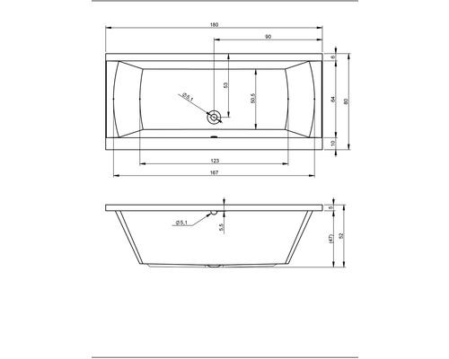Technische tekening van een badkuip met afmetingen