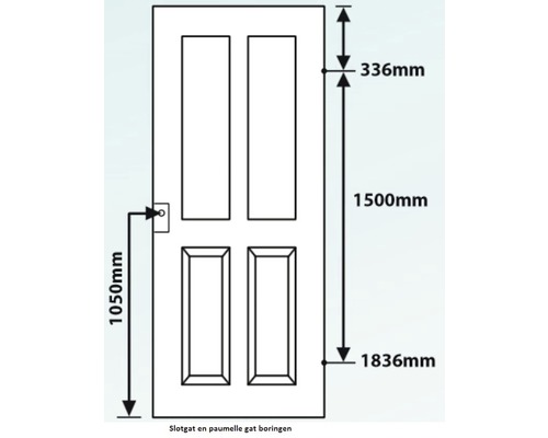 Technische tekening van een deur met afmetingen in millimeters