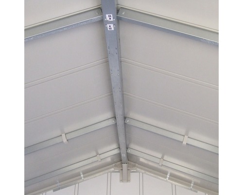 Interieurbeeld van een tuinhuis met dakconstructie en metalen steunen