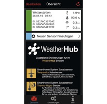WeatherHub app-interface met informatie over temperatuur, luchtvochtigheid, neerslag en windsnelheid