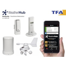 WeatherHub SmartHome weerstation met diverse sensoren en een smartphone app voor het monitoren van het weer