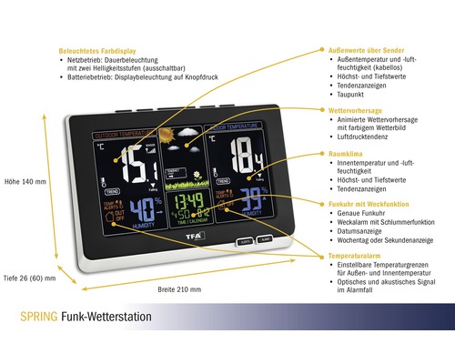 SPRING draadloos weerstation met verlicht kleurendisplay en weergave van binnen- en buitentemperatuur