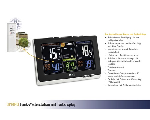 Draadloos weerstation met kleurendisplay voor het weergeven van binnen- en buitentemperatuur en luchtvochtigheid