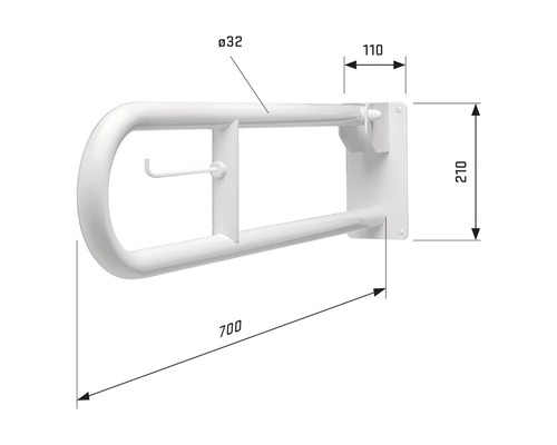 Afbeelding van een opklapbare steunbeugel met de afmetingen 700 mm lengte, 32 mm diameter, 110 mm breedte en 210 mm hoogte.