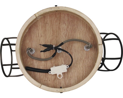 Binnenaanzicht van een wandlamp met houten elementen en kabels