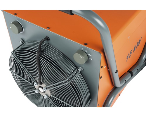 Detailopname van een elektrisch verwarmingstoestel met ventilator, temperatuurregelaar en beschermrooster.