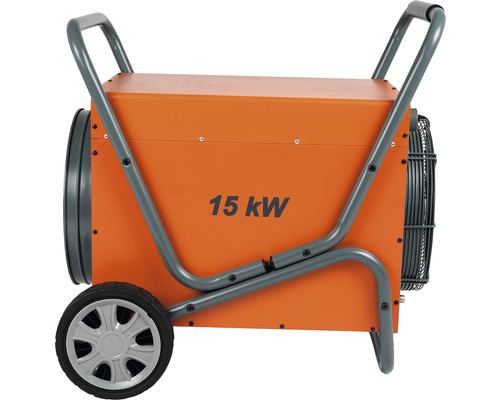 Elektrische kachel met een vermogen van 15 kilowatt en wielen voor eenvoudig transport.